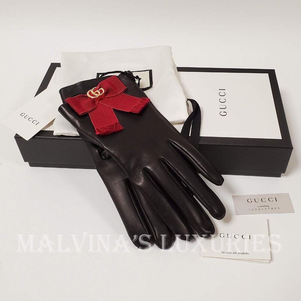 GUCCI GLOVES 434223 BLACK LEATHER GROSGRAIN BOW G LOGO sz S / 7 - Picture 5 of 16